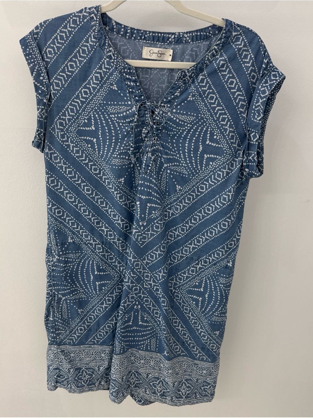 Jessica Simpson printed dress, soft denim feel, size M, pockets
